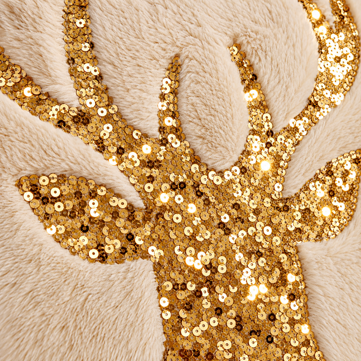 Gold Sequin Christmas Pillow Cover with detailed gold sequin reindeer embroidery
