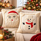 Christmas cushion covers featuring 3D Santa and snowman designs in soft cream plush fabric for festive home decor.
