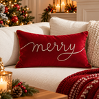 Merry Christmas Cushion Cover in red on a decorated sofa