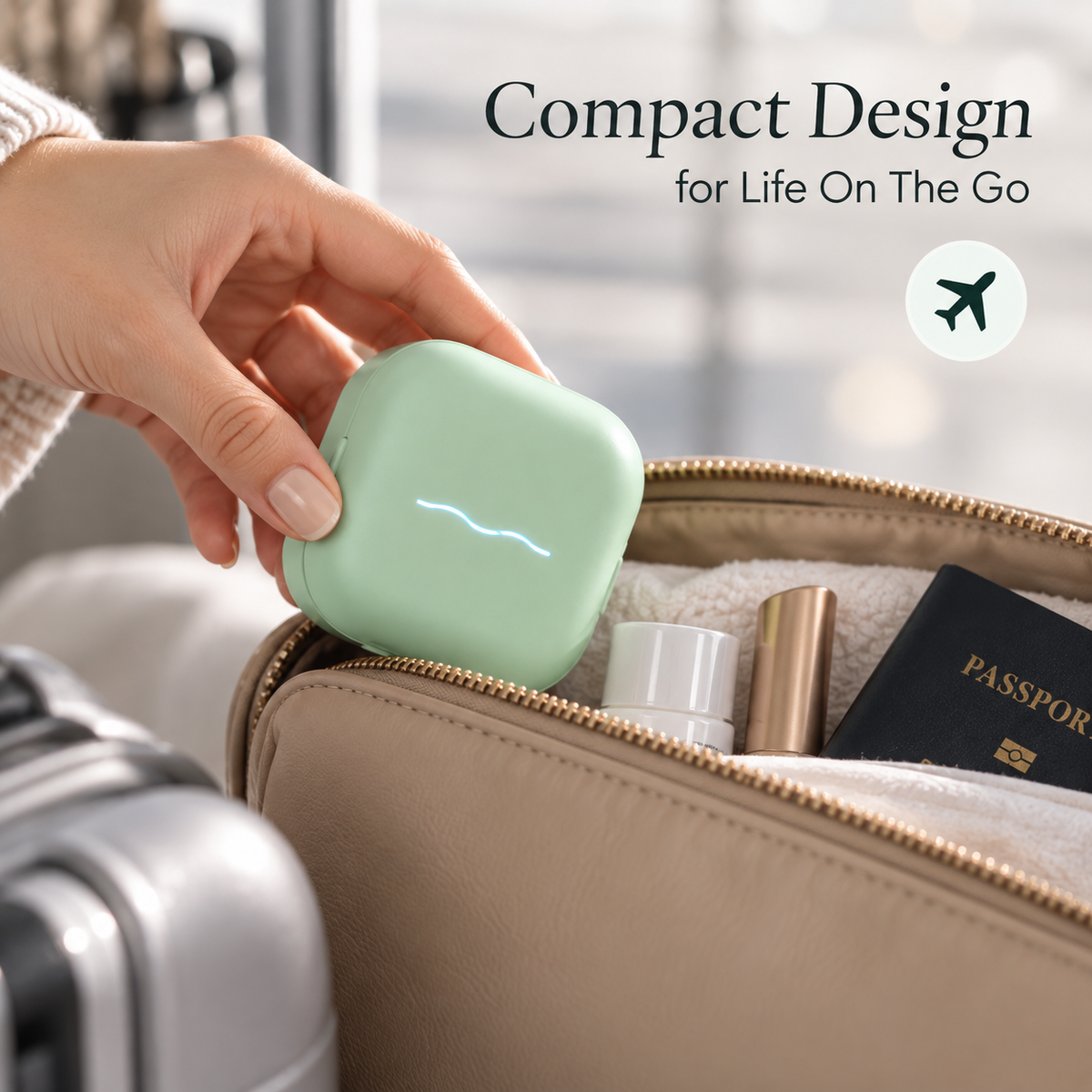 Compact UV toothbrush sterilizer held in hand for travel