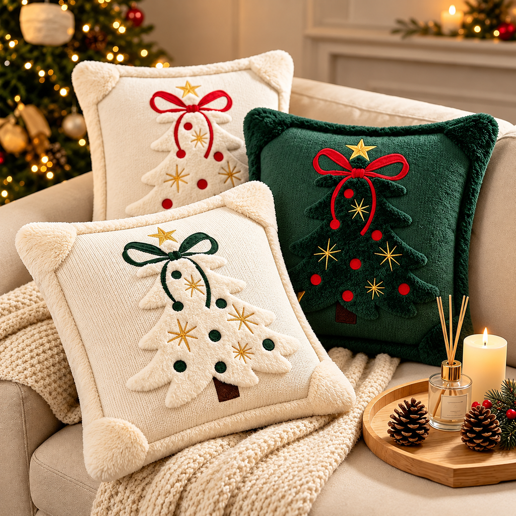Embroidered Christmas pillow covers with contrasting cream and green Christmas tree designs displayed on a festive couch.