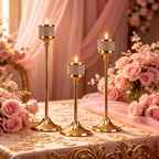 3-piece gold candle holder set displayed on an elegant table with floral wedding decor