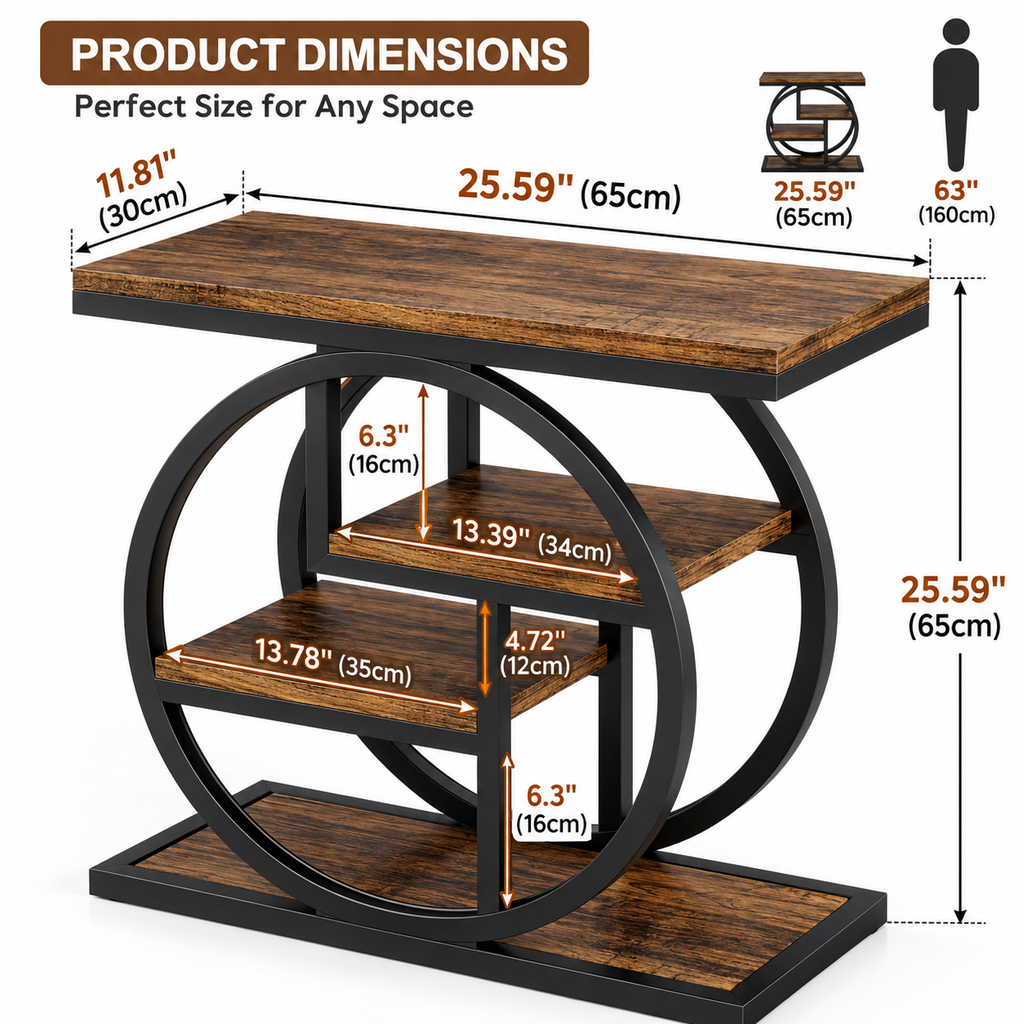 4-tier narrow end table with rustic brown shelves and black geometric metal frame