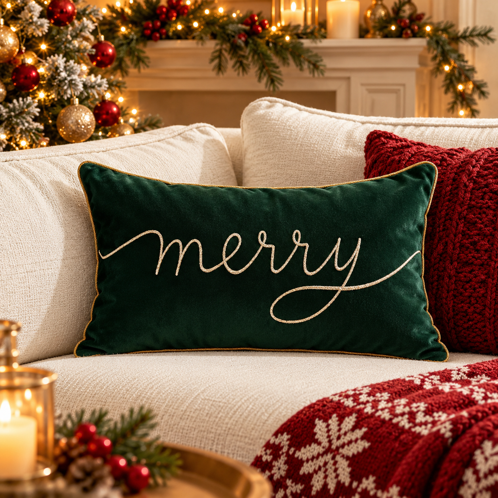 Merry Christmas Cushion Cover in green for Christmas home decor