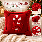 Close-up of a red Christmas candy cane pillow cover showing its decorative design and fabric details