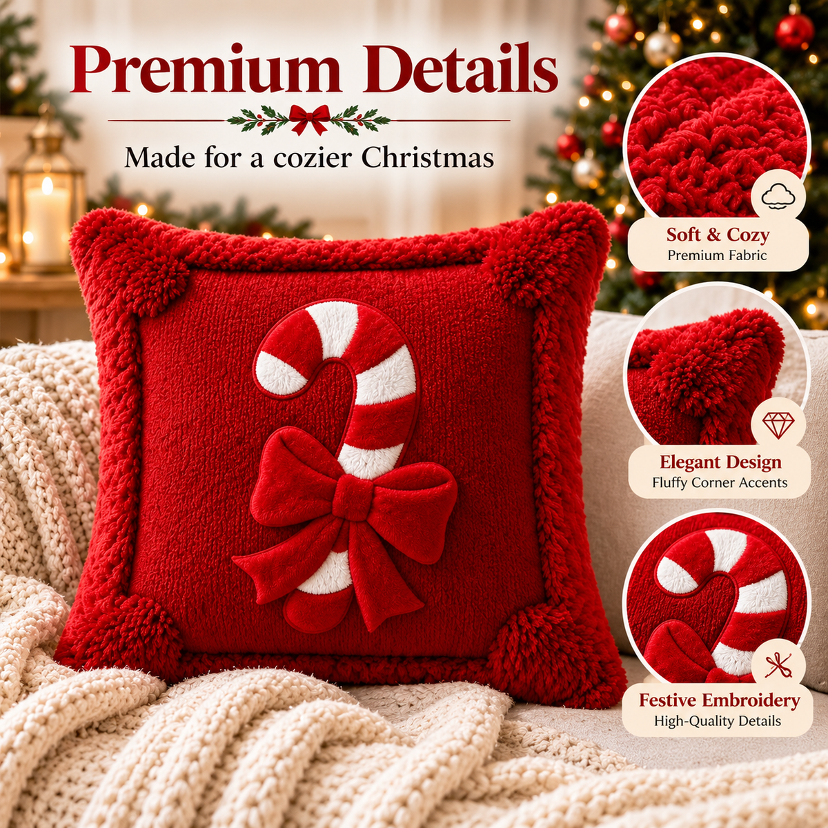 Close-up of a red Christmas candy cane pillow cover showing its decorative design and fabric details