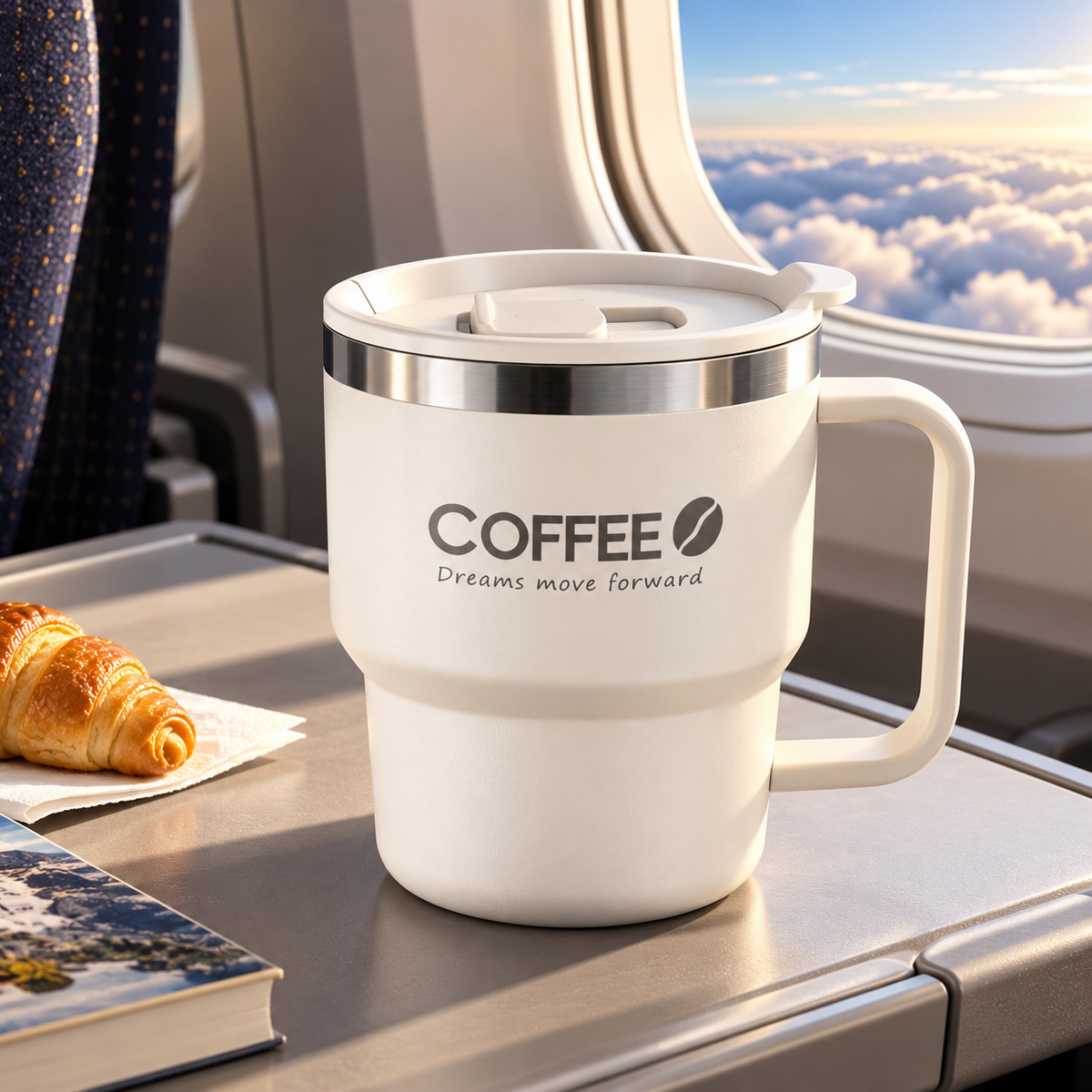 Insulated Coffee Mug with Lid & Handle – Stainless Steel white travel mug with handle on an airplane tray table