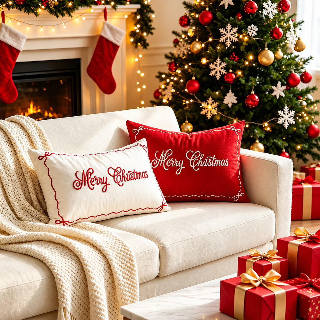 Red and white Christmas pillow covers displayed on a cosy sofa with festive decorations and a Christmas tree.