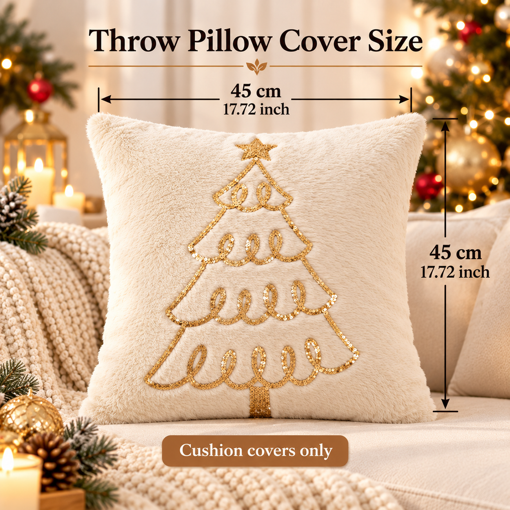 Christmas faux fur pillow cover displaying the gold embroidered festive design on a sofa