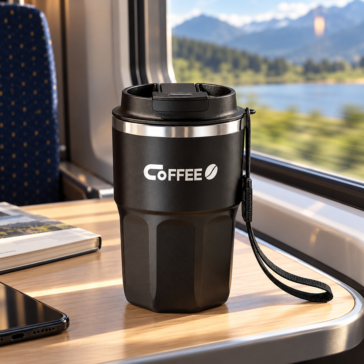 Insulated Coffee Mug with Lid & Handle – Stainless Steel matte black mug with silver rim and matching handle on an office desk