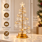 Gold crystal Christmas tree lamp product features showing warm white LED lights, battery power and decorative crystal ornaments