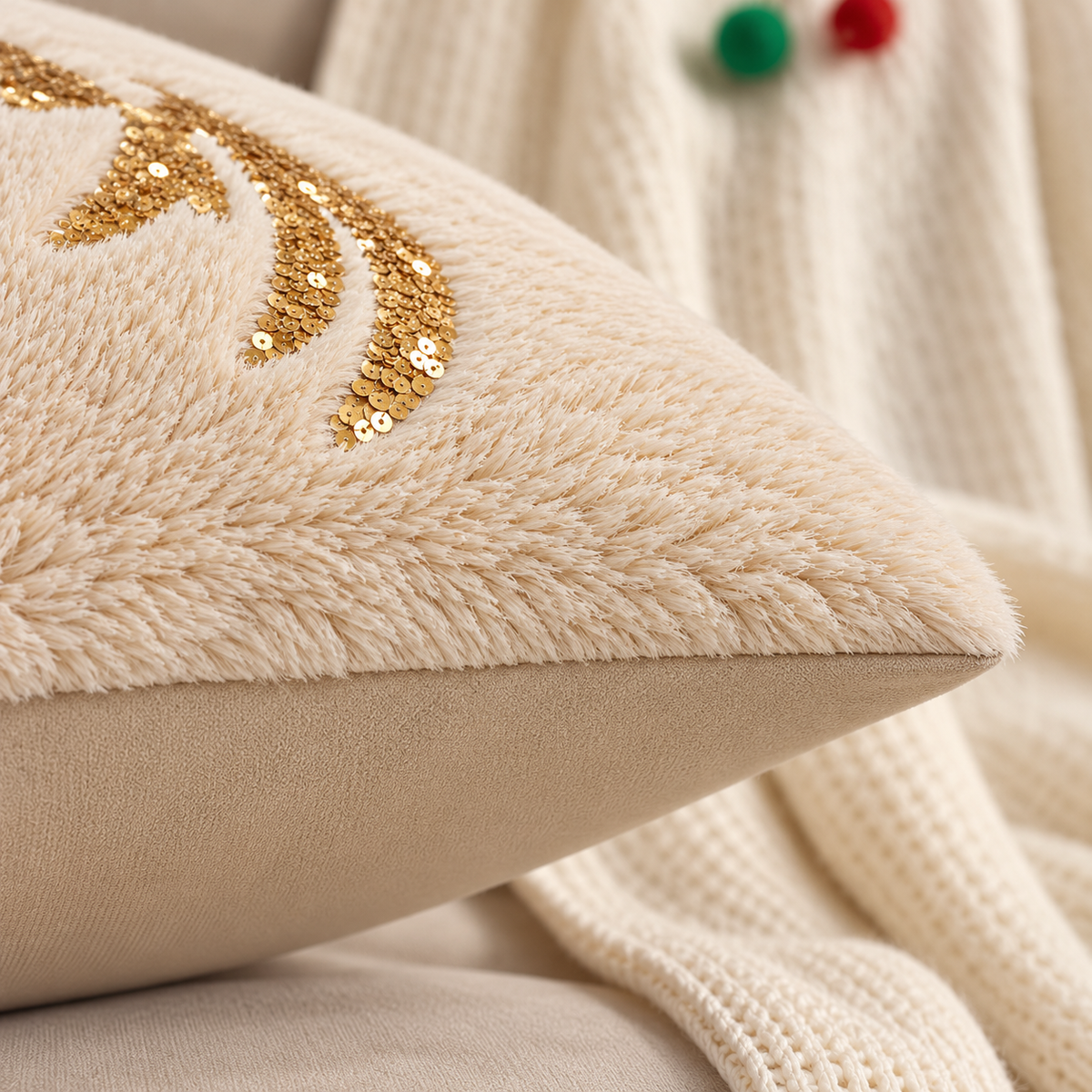 Gold Sequin Christmas Pillow Cover featuring a gold sequin reindeer design on soft cream fabric