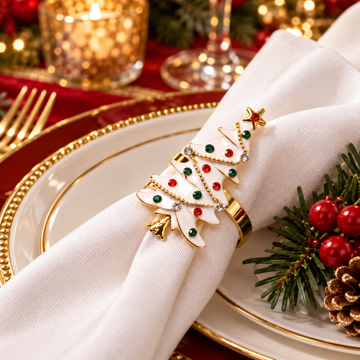 Christmas napkin rings with sparkling gold-tone details styled on a soft ivory napkin for holiday dining.