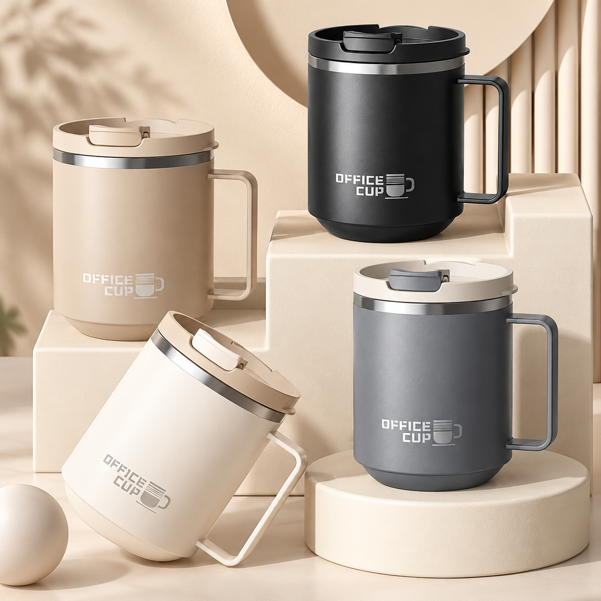 Stainless steel thermal coffee mug with handle in a modern kitchen setting