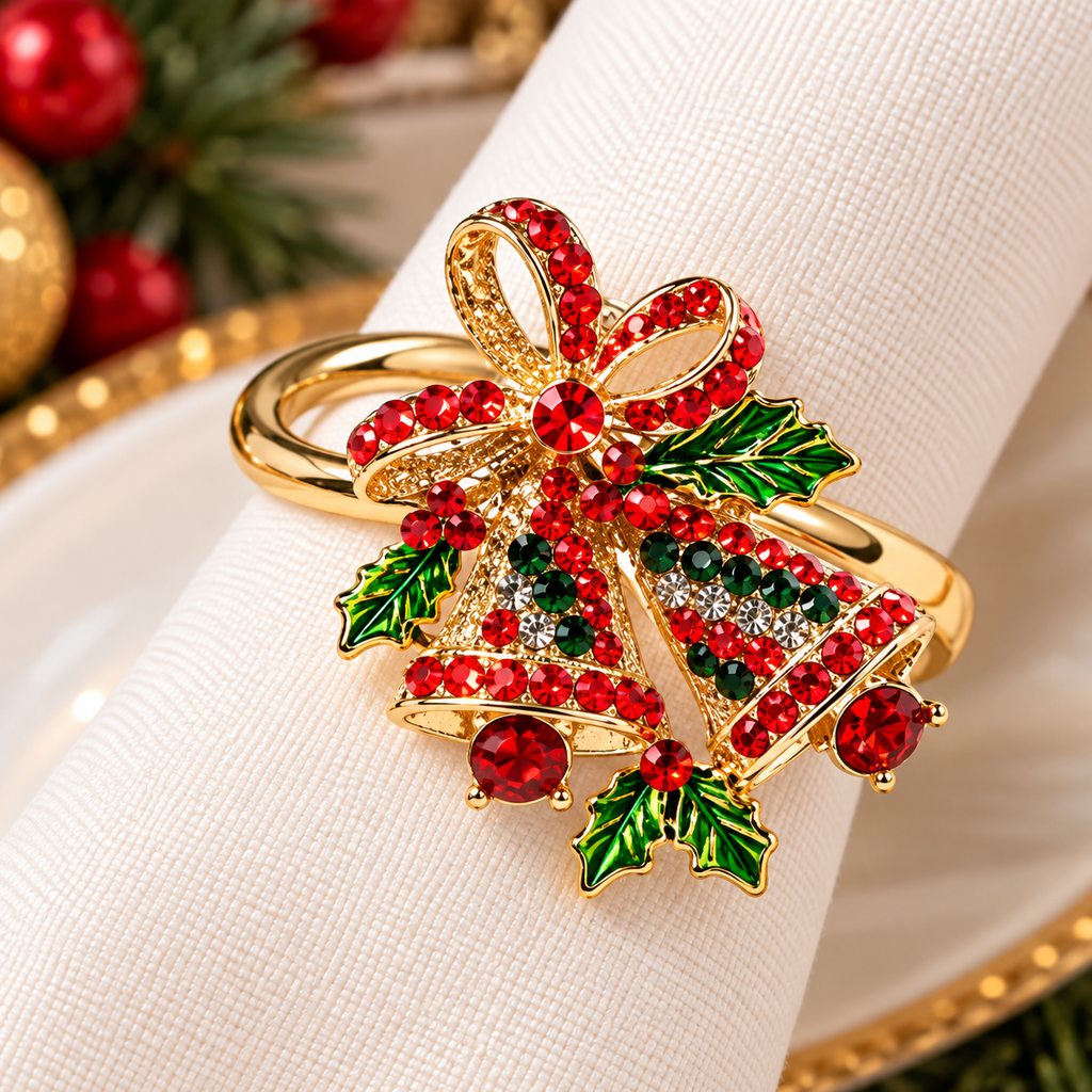 Christmas napkin rings decorated with a red and green festive bow and sparkling gold accents.