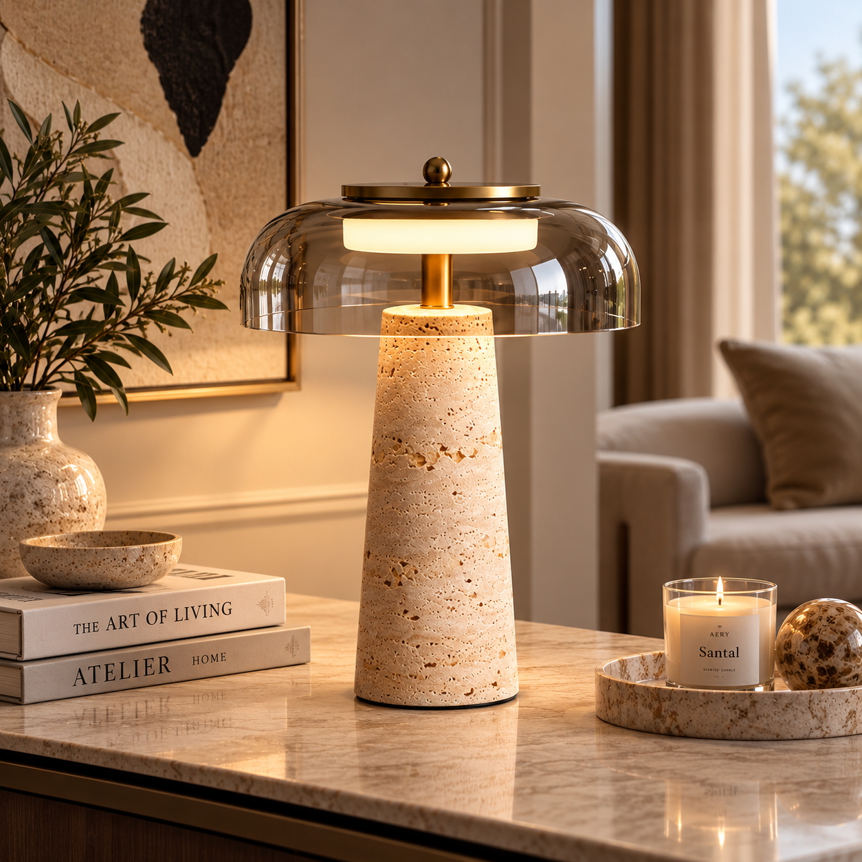 A modern table lamp with a textured beige travertine cone base, a clear glass dome shade, and a brass-toned top, lit on a marble console table in a warm, upscale living room setting.