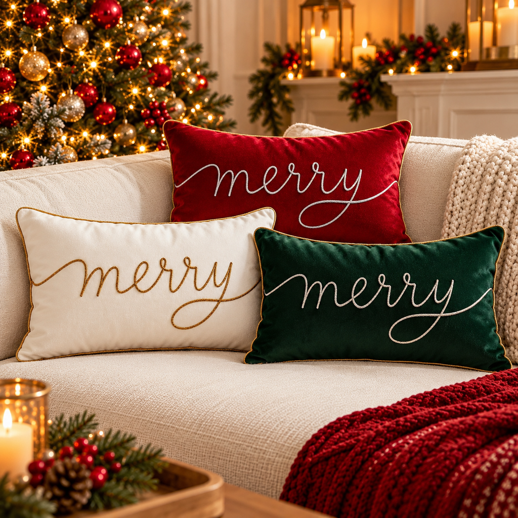 Merry Christmas Cushion Cover in a cosy festive living room