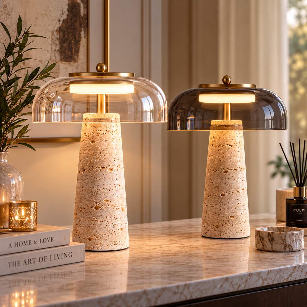 Two modern table lamps with textured beige stone bases and dome-shaped glass shades, one clear and one smoky gray, styled on a marble console table in a warm, elegant interior.