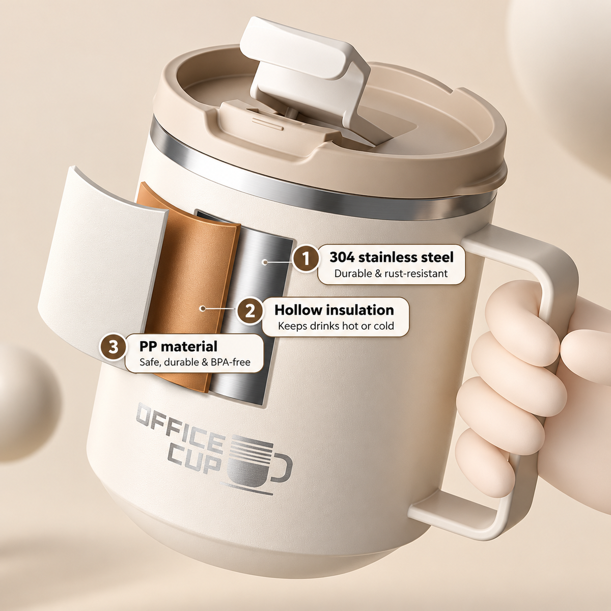 Stainless steel thermal coffee mug with handle and matching lid