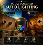 Solar powered auto lighting outdoor wall sconces shown in a backyard patio setting at night, with a central circular detail of the multi-colored LED lighted base and text overlays explaining its day/night charging and projection features.