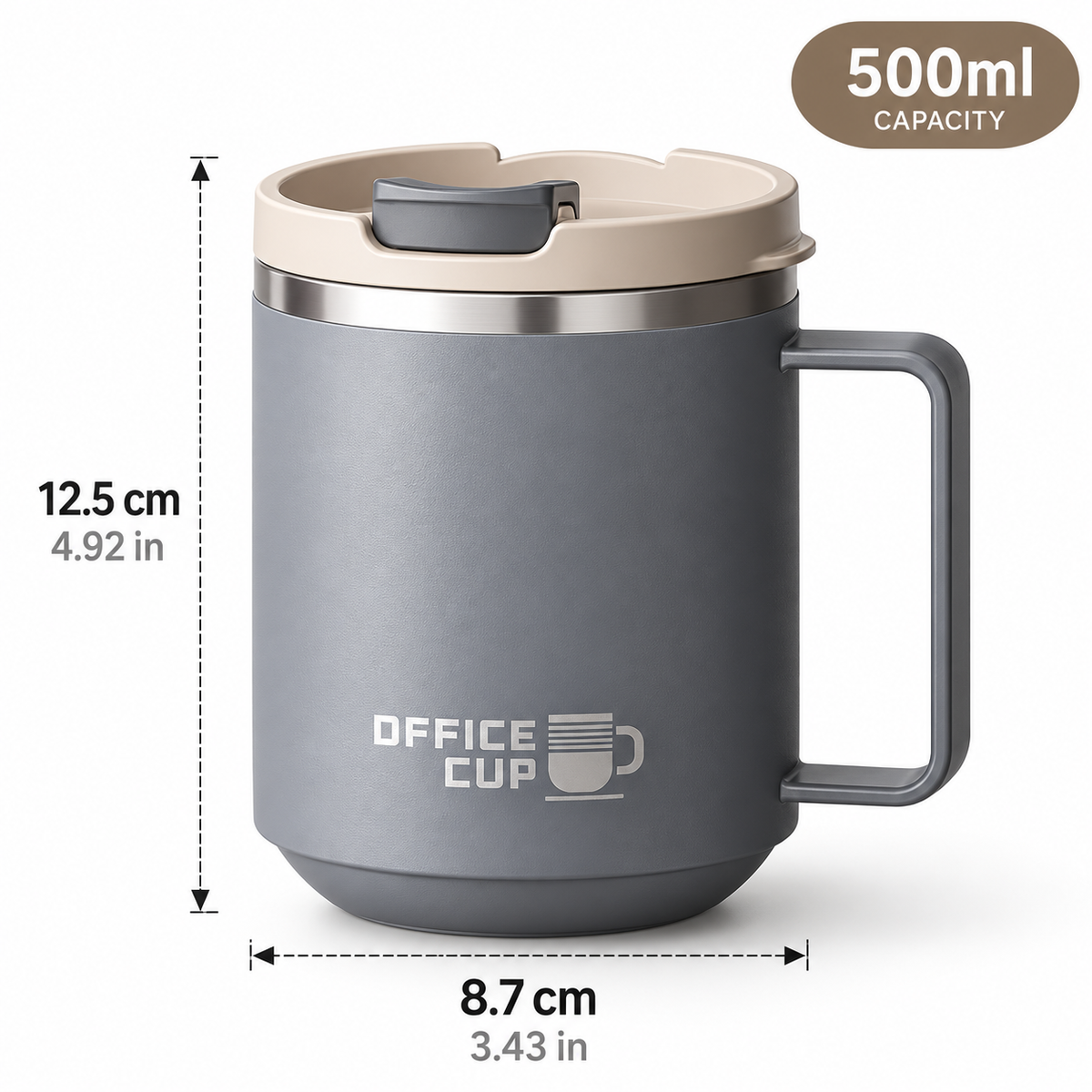 Stainless steel thermal coffee mug with handle in dark grey