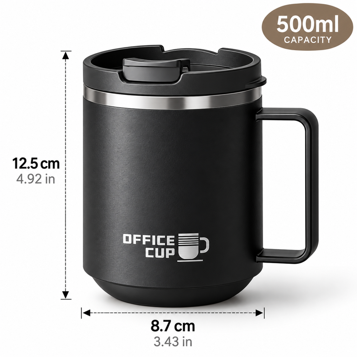 Stainless steel thermal coffee mug with handle in black