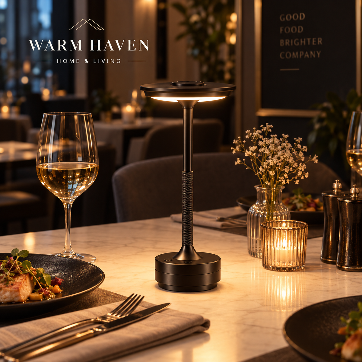 Black cordless rechargeable table lamp creating warm ambient lighting on an elegant dining table