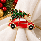 Christmas napkin rings featuring a red vintage car carrying a Christmas tree, perfect for festive table decor.