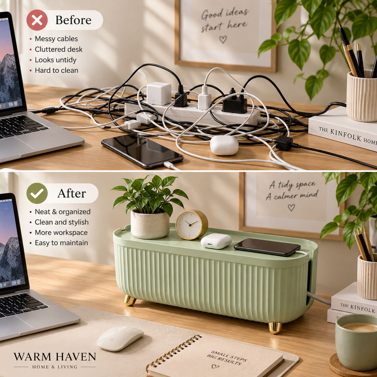 White cable management box with open lid showing organized power strips and charging cables