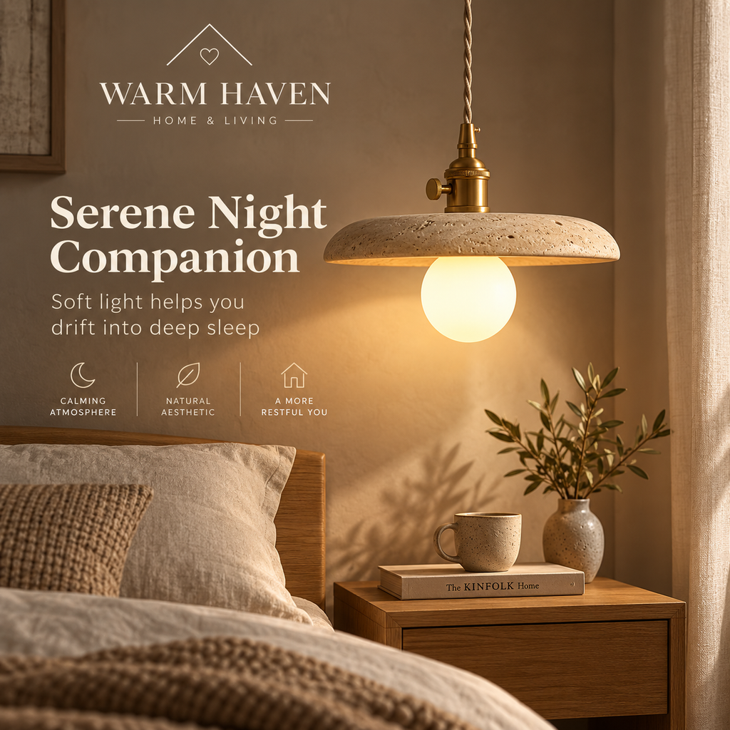 Yellow stone pendant light above a bedside table in a calm Scandinavian bedroom