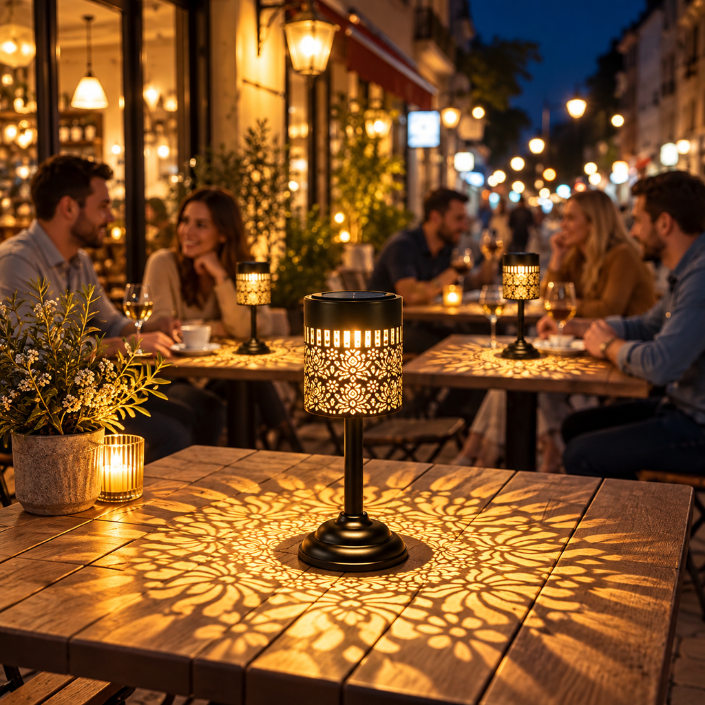 Two solar table lanterns with warm white light and decorative floral patterns on an outdoor patio table
