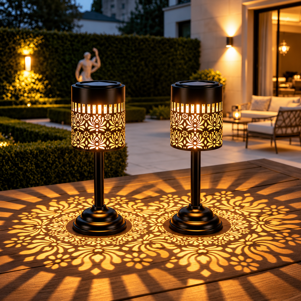 Two solar table lanterns with warm white light and decorative floral patterns on an outdoor patio table