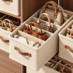 Handbag storage organizer box in a wardrobe with several handbags arranged in separate compartments