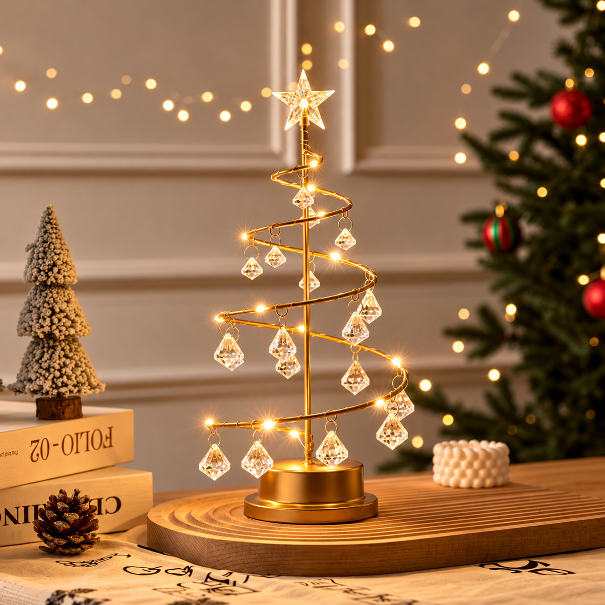 Gold crystal Christmas tree lamp displayed on a wooden table beside festive decorations and a Christmas tree