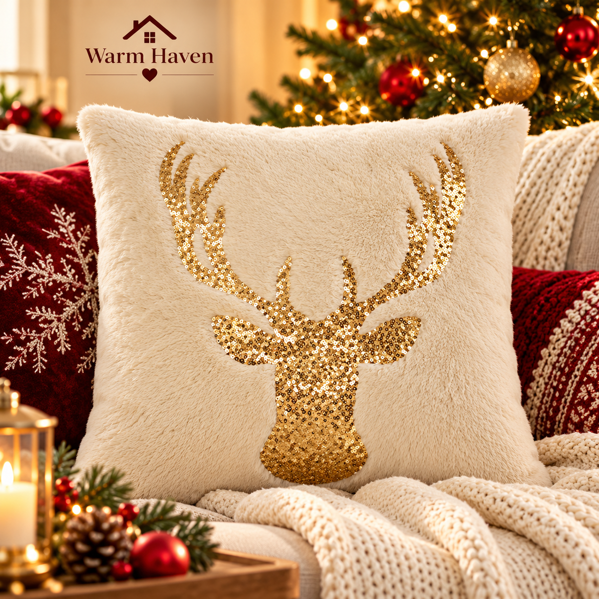 Gold Sequin Christmas Pillow Cover featuring a gold sequin reindeer design on soft cream fabric