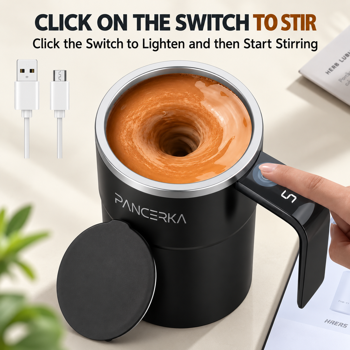 self-stirring coffee mug showing different drink powders including milk, coffee, soybean and oatmeal