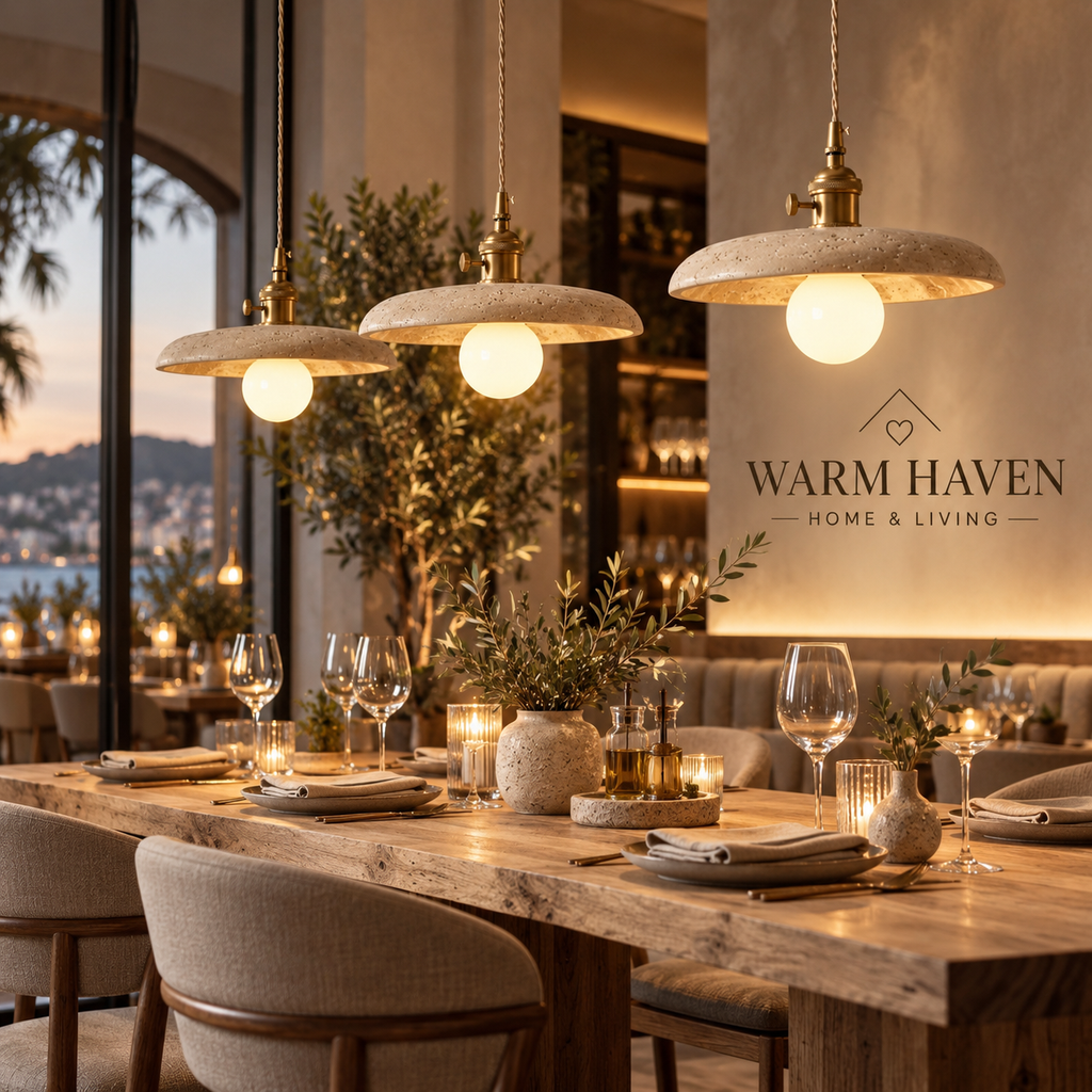 Yellow stone pendant light displayed above a luxury restaurant dining area