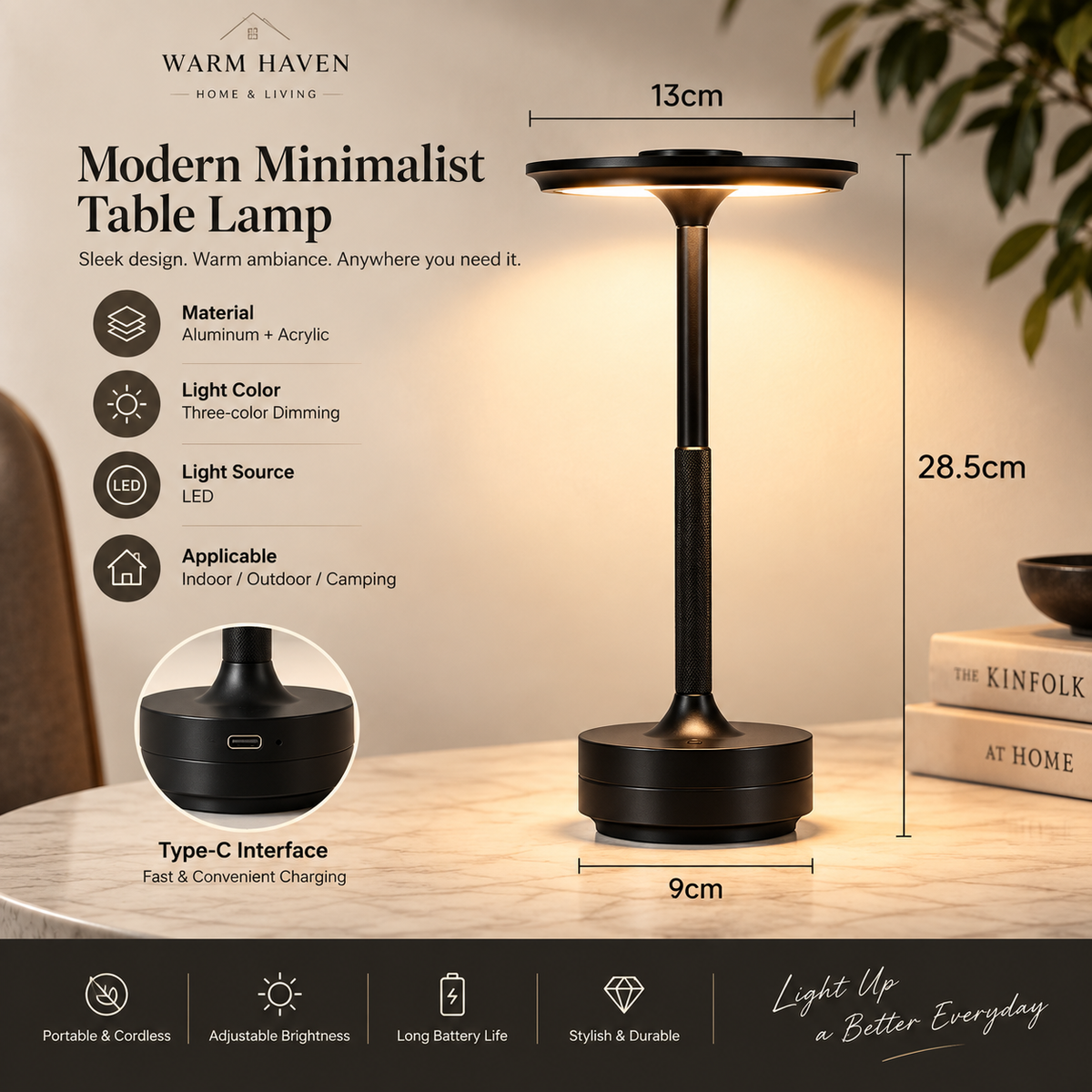 Cordless rechargeable table lamp features including touch control, dimmable LED lighting and USB charging