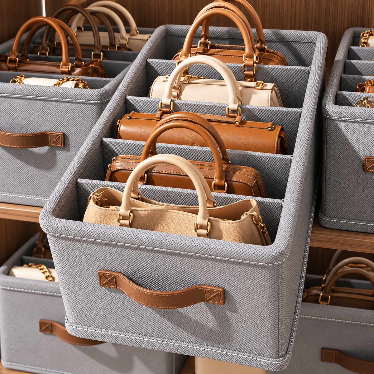 Handbag storage organizer box with dividers separating handbags for tidy wardrobe storage