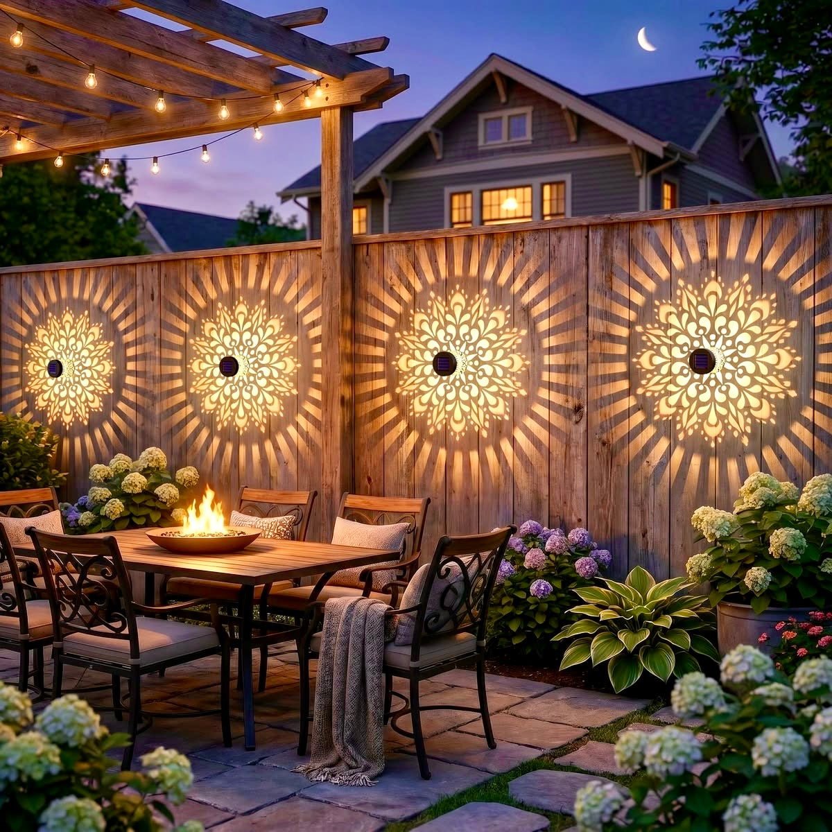 A beautifully lit backyard patio at dusk with a wooden fence featuring three large glowing sunburst wall lights. A wooden pergola with warm string lights, a dining table with chairs, a fire pit with flames, and blooming hydrangeas are visible in the foreground, with a house in the background under a crescent moon.