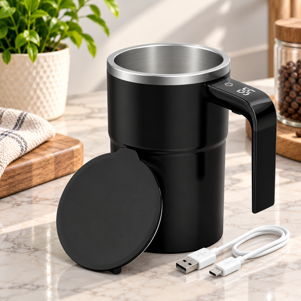 self-stirring coffee mug in black with matching lid displayed on a modern kitchen counter