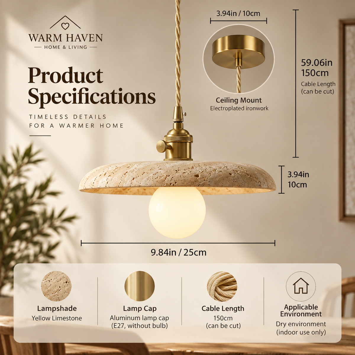 Yellow stone pendant light with product specifications and measurements