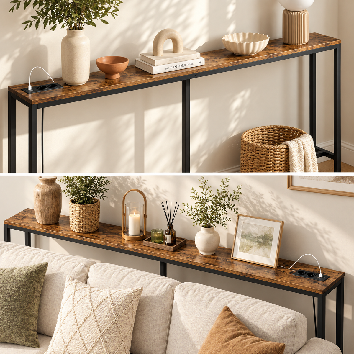 Slim rustic console table with charging station styled behind a sofa with Scandinavian home decor