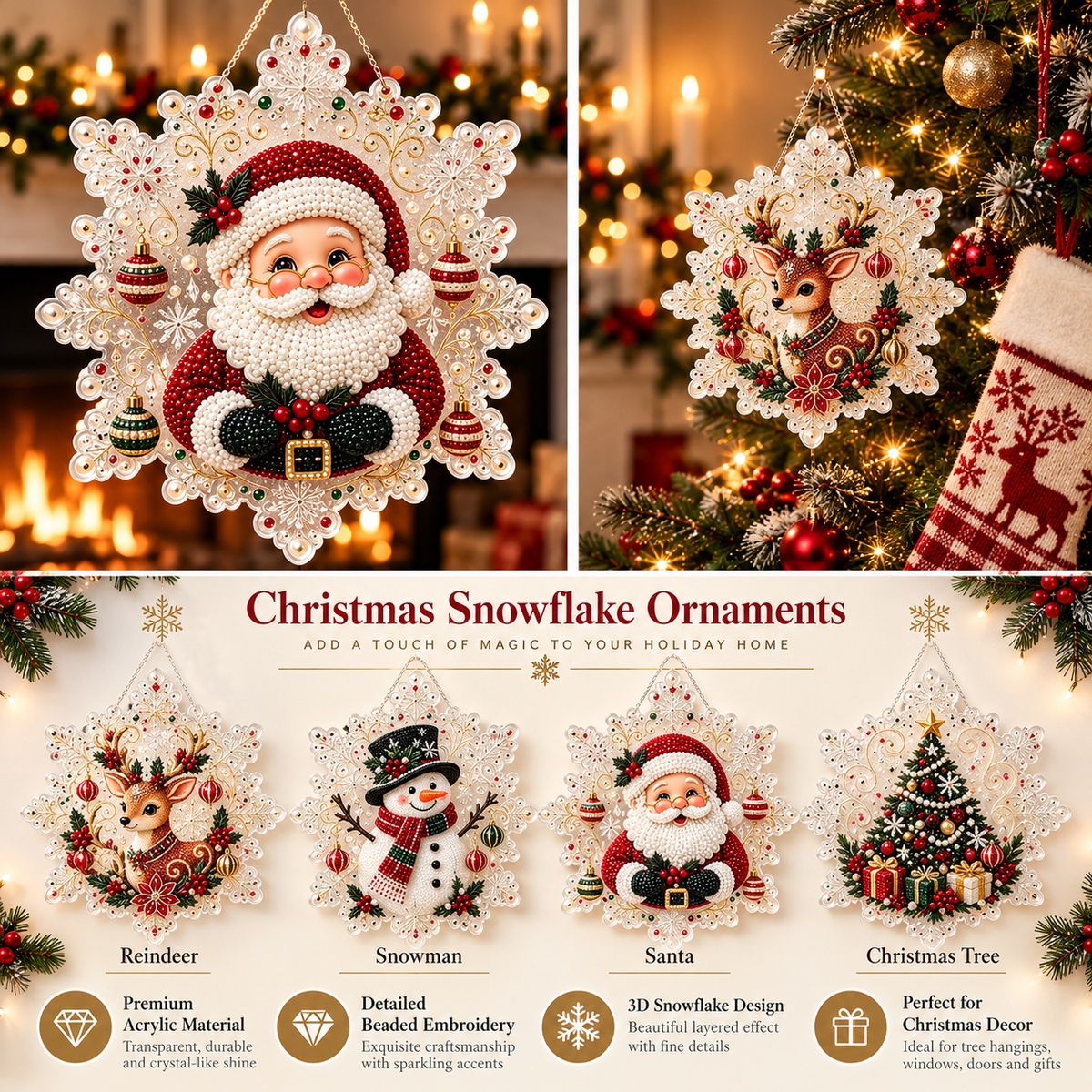 DIY Snowflake Diamond Painting Kit showing assorted festive ornament designs