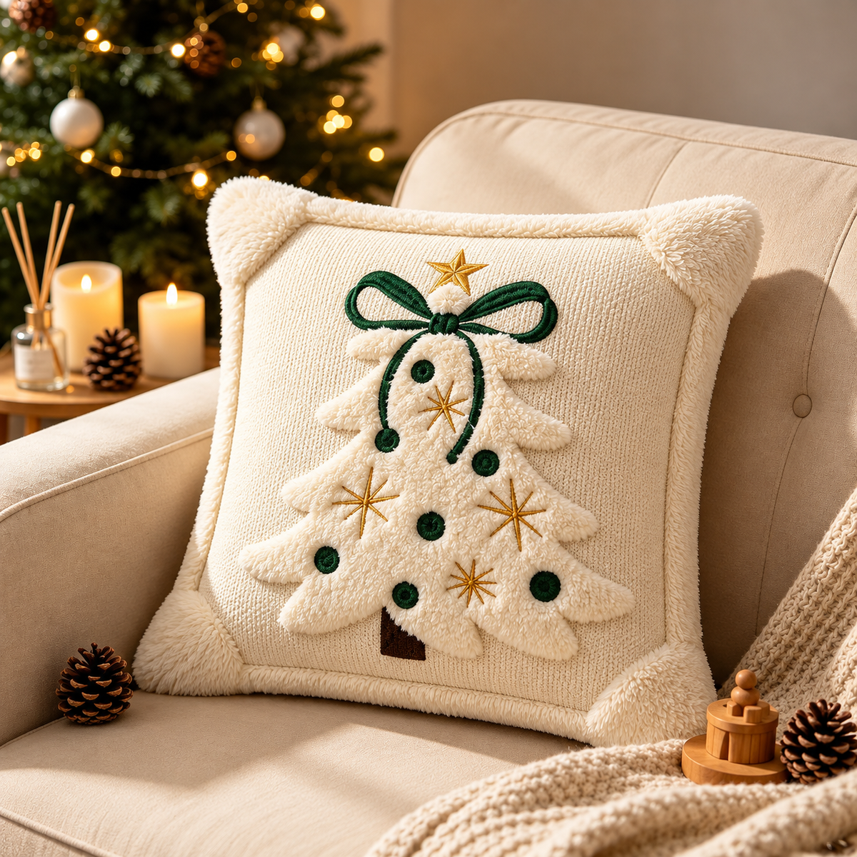 Embroidered Christmas pillow covers in forest green with festive Christmas tree embroidery arranged on a cozy chair.