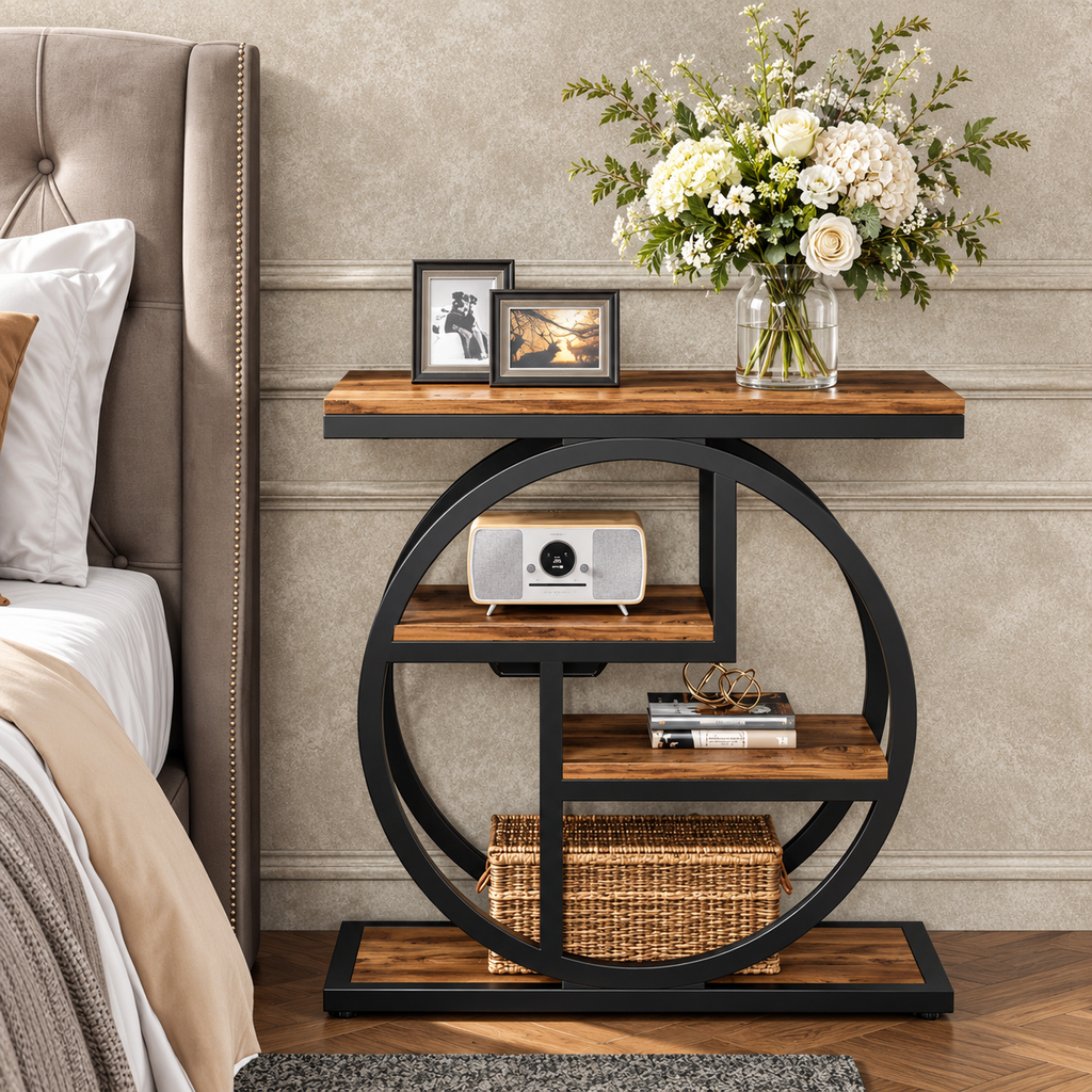 4-tier narrow end table styled beside a bed with flowers and decorative accessories