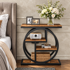 4-tier narrow end table styled beside a bed with flowers and decorative accessories