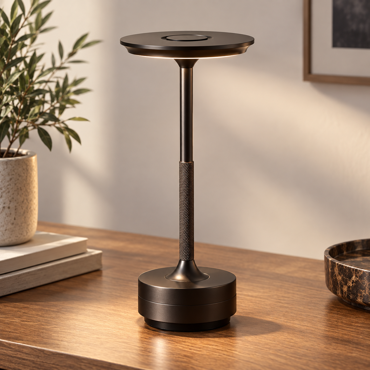 Black cordless rechargeable table lamp with warm LED light styled on a wooden table in a cozy interior
