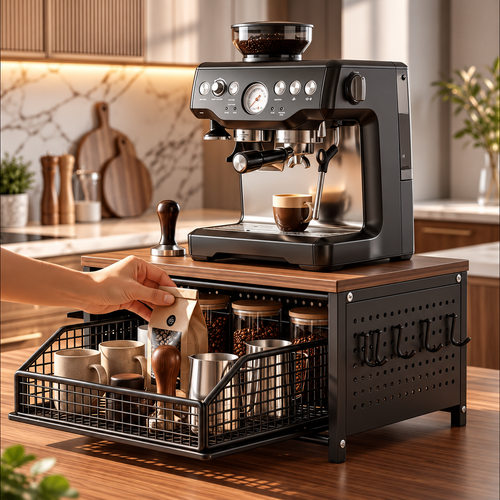 2-tier kitchen countertop organizer with pull-out basket styled with a coffee maker in a modern kitchen