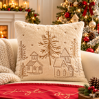 Christmas Faux Rabbit Fur Pillow Cover with an embroidered winter village and pine trees